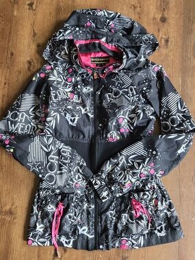 Rocawear Black Rain Jacket with Pink Accents and White Graphic Print